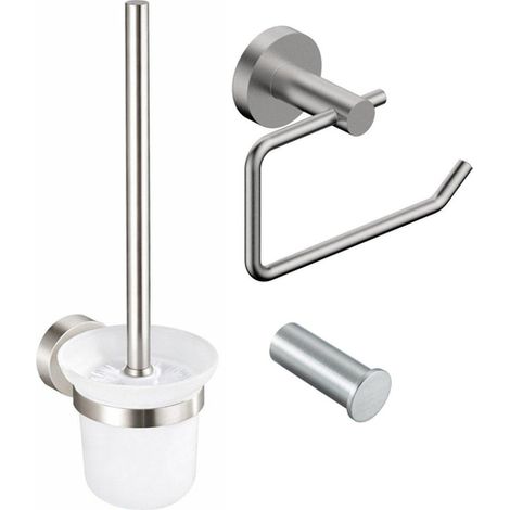 Fortifura Calvi Pack WC 3 pièces - porte-rouleau sans couvercle - brosse de toilette - crochet à serviette simple rond - Inox brossé PVD (1/5)
