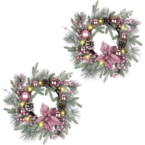 2 Couronnes de Noël Roses 50 cm Éclairées, avec Boules, Pommes de Pin, Branches Dorées et Baies Argentées (1/5)