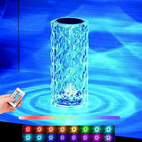 Lampe de bureau en cristal rose, veilleuse avec 16 couleurs RVB, tactile et télécommande, rechargeable par USB, lampe de table moderne en diamant pour chambre à coucher, salon (1/5)