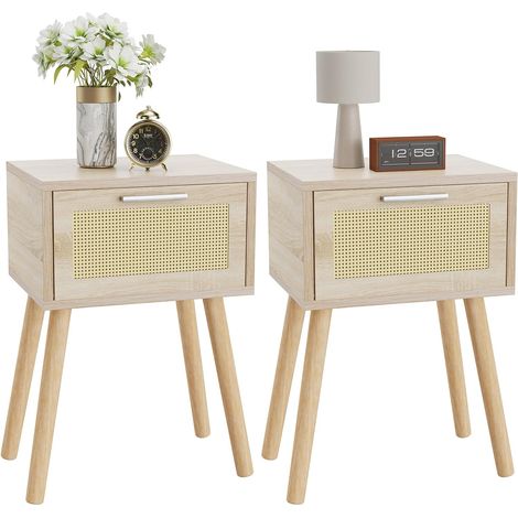 Set of 2 Bedside Tables, Side Table with Storage, Wooden Legs, Hand Decorated in Rattan, Magnetic Drawer, 35 x 27 x 53 cm, for Bedroom, Living Room, Natural HST010N-2 (1/5)