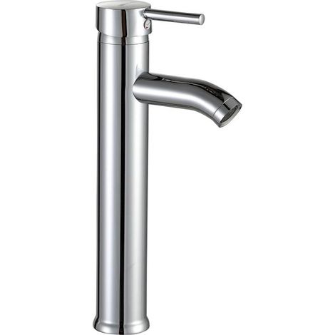 Mitigeur lavabo design monotrou, bec haut incurvé pour vasque à poser, robinetterie en laiton chromé argent, aérateur démontable, 1 pièce, dimensions 296x105 mm (1/5)