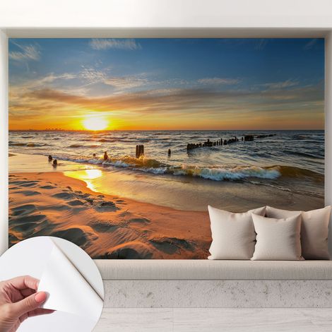 Papier peint adhésif autocollant pour salon chambre à coucher peint imprimé Installation facile Coucher de soleil sur la plage 208x146 cm (1/5)