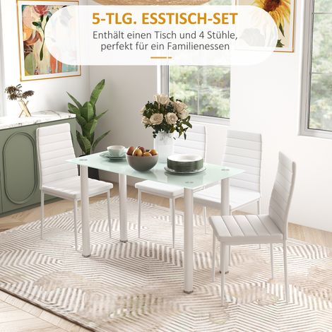 Ensemble salle à manger 5 pièces, coin repas, table en verre blanc et 4 chaises, design contemporain, mobilier moderne salon. (1/4)
