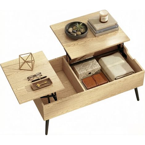 CHICFURN Mesa de centro elevable multifuncional con almacenaje oculto, tablero efecto madera y patas de metal negro, ideal para salón, trabajo y comidas (1/5)