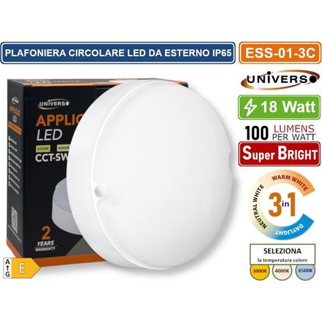 UNIVERSO ESS-01-3C PLAFONIERA SMD LED CIRCOLARE 18W DA ESTERNO IP65 CCT SWITCH CON SELEZIONE TEMPERATURA DI LUCE 3000K - 4000K - 6500K (1/5)