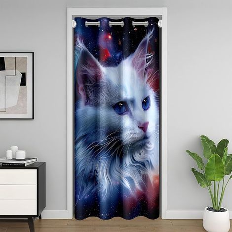 Galaxy Cat Porte Rideau Blanc Chaton Rideau Occultant,Animaux Compagnie Mignon Rideau de Porte Espace Extérieur Étoilé Rideaux de Séparation de Chambre,Décor de Chambre pour Amoureux de Chats 86x203 - (1/5)