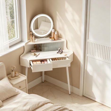 Coiffeuse d’angle avec miroir rond LED réglable, 2 tiroirs, rangement en verre et structure métal, blanche, gain de place pour petite chambre CHICFURN (1/5)