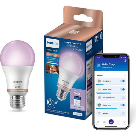 PHILIPS SMART LIGHTING, AMPOULE CONNECTÉE LED RGB A60, CULOT E27, 1521 LM, LUMIÈRE COULEUR ET BLANC RÉGLABLE 2200-6500 K, GRADAT
