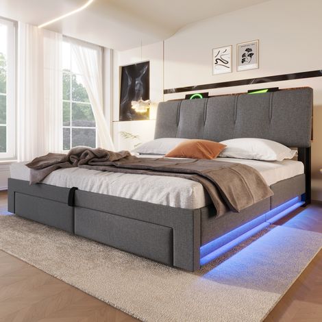 lit adulte rangement hydraulique 140x200 lin gris OKMYHOME (1/5)