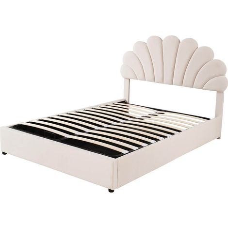 Letto contenitore imbottito 140 x 200 cm in velluto beige con testiera floreale (1/5)