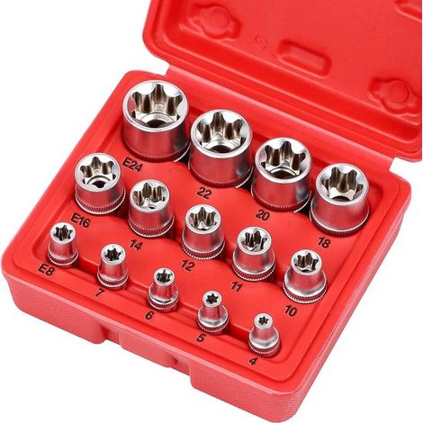 Juego 14 vaso, vaso Torx hembra primera vaso Ultimate Torque Star, llaves vaso Torx externas, E4 E5 E6 E7 E8 E10 E11 E12 E14 E16 E18 E20 E22 E24 (1/5)