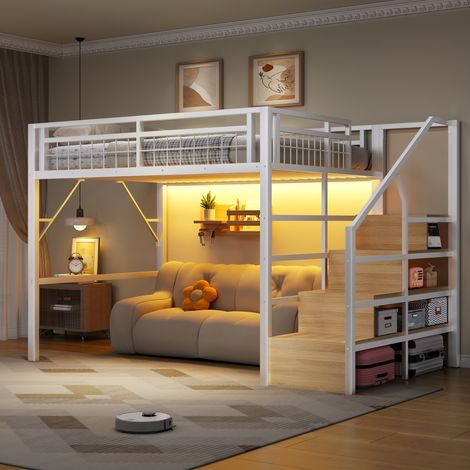 Cama alta infantil 140x200 cm con escalera de almacenamiento y tira LED, blanco HAVRYA (1/5)