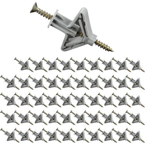 Lot de 100 chevilles pour plaque de plâtre - 50 chevilles pour cloison sèche avec 50 vis en acier inoxydable - Vis à expansion en spirale pour plaque de plâtre (gris) (1/4)