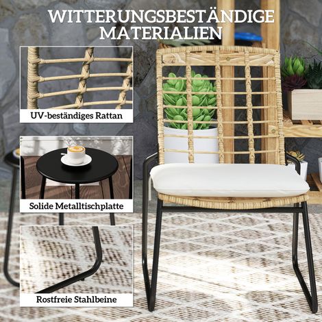 Lot de 3 meubles de jardin, 2 fauteuils en rotin, 1 table avec plateau métallique, coussins d'assise, ensemble de terrasse, beige et marron (1/4)