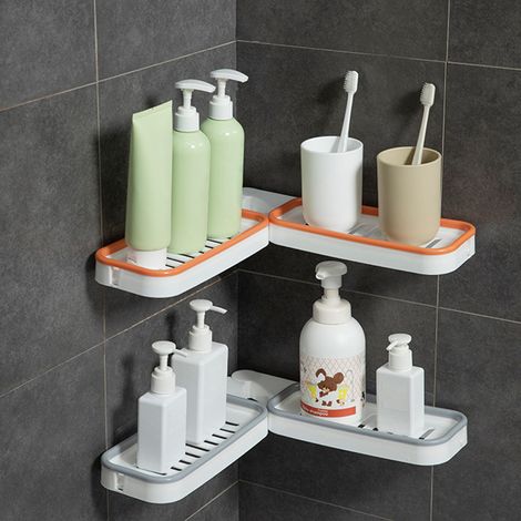 Étagère d'angle de salle de bain pivotante à 180°, fixation murale sans perçage, support de rangement adhésif. (1/5)