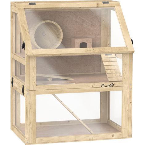 Cage hamster et rongeur 3 niveaux - 60x40x75 cm, finition bois naturel - Fond amovible, cabane et balançoire - Pour petits animaux - Design ludique et pratique (1/5)