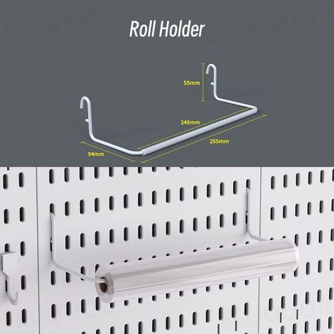 (Porte-rouleau W) Organisateur mural sans perçage pour panneau perforé, étagères de rangement modulaires avec crochets et accessoires, salle de jeux, cuisine, bureau (1/5)