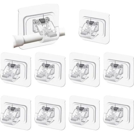 Lot de 10 supports de tringle à rideaux sans perçage – Crochets adhésifs transparents – Pour tringles à rideaux, porte-serviettes, salle de bain, cuisine (1/4)