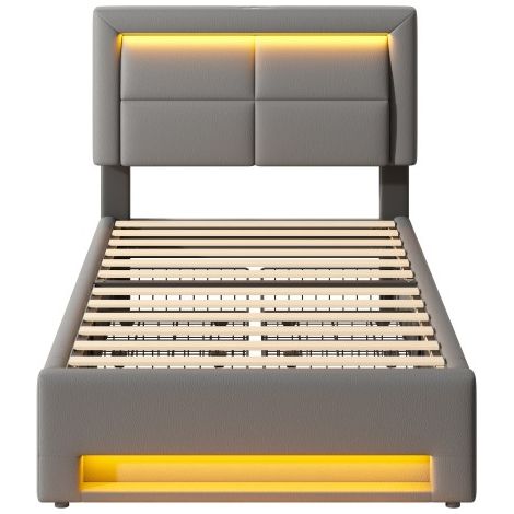 Polsterbett , mit USB-Anschluss (unterstützt kabelloses und kabelgebundenes Laden), mit LED-Beleuchtung und Stauraum, ohne Matratze, PU-Litschi-Muster (1/5)