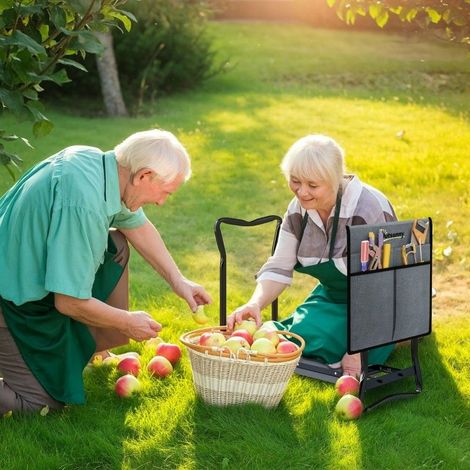 Tabouret de jardin pliable avec coussin genoux et poches outils, gris