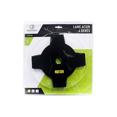 lame acier 4 dents pleines pour débroussailleuse, dimensions coupe: 230mm, alésage: 25,4mm, ep: 1,5mm. (sous coque).