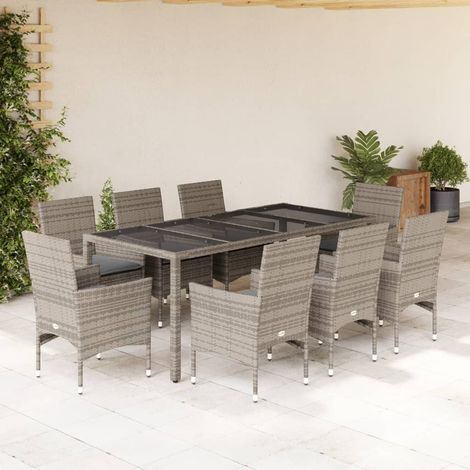 9-tlg. Garten-Essgruppe mit Kissen Grau Poly Rattan und Glas vidaXL (1/5)