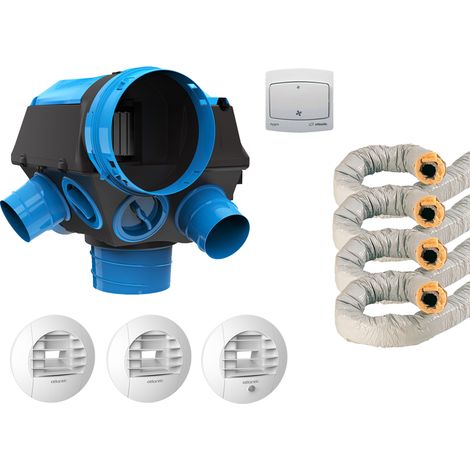 Atlantic – Kit VMC simple flux hygroreglable avec bouton poussoir et gaines – Débit 150m³/h – Pour cuisine et salle de bain – Conduit souple PVC isolé