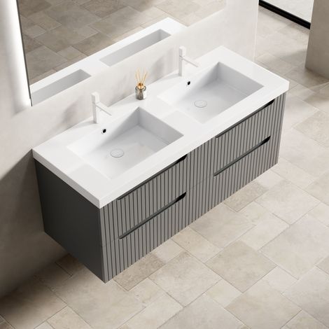 Meuble vasque suspendu de 120 cm avec 2 vasques encastrées sous plan en pierre artificielle épaisse, caisson en contreplaqué rayé avec 4 tiroirs, pré-assemblé, coloris gris foncé (1/5)