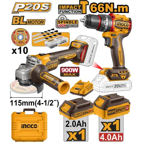 INGCO PACK 20 V. AMOLADORA 115 900W +TALADRO+CARGADOR +1BATERIA 2.0AH +1BATERIA 4.0AH+10 DISCOS+KIT BROCAS