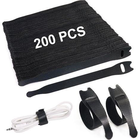 Lot de 200 attaches auto-agrippantes noires, réutilisables, en nylon, pour l'organisation des câbles à la maison et au bureau, 150 x 12 mm (1/5)