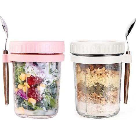 Set di 2 barattoli per farina d'avena da sera con coperchio e cucchiaio, barattolo per cereali, latte, verdura e frutta con linee di misurazione (rosa/bianco) (1/5)