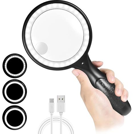 Lente d'ingrandimento per lettura, 60X 30X 33 LED con luce, lente d'ingrandimento LED ricaricabile tramite USB, 3 modalità di illuminazione, lente d'ingrandimento illuminata per la lettura