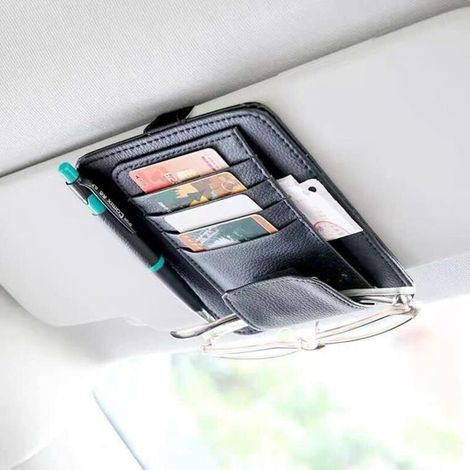 CSPARKV Organisateur de Pare-Soleil de Voiture, Support Lunettes pour Voiture,Rangement Utilitaire Voiture en Cuir PU, Sac de Pare-Soleil pour Ranger Lunette Soleil/Carte/Ticket Parking/Masque/Papier (1/4)