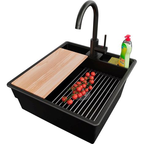 PRIMAGRAN Evier Cuisine en Granit 48x53cm,Lavabo 1 bac + Robinet 32x20cm + Kit de Vidage + Accessoires, Évier à Encastrer au meuble 50cm - New York, Noir (1/5)