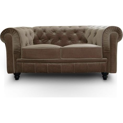 Canapé Chesterfield 2 Places Velours Taupe – Canapé Capitonné Style Anglais Classique – Salon, Bureau ou Chambre – L158 x P82 x H72 cm