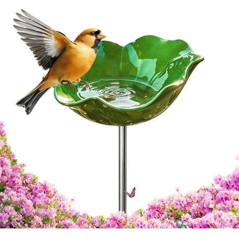 Bain d'oiseaux en forme de fleur métallique. mangeoire sur piquet et décoration de jardin pour terrasse et pelouse (1/4)