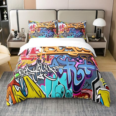 Parure de lit avec housse de couette de 135 x 200 cm et 1 taie d'oreiller - Motif graffiti coloré - 100 % coton - Pour enfants, garçons adolescents, hip hop, street hipster (1/5)