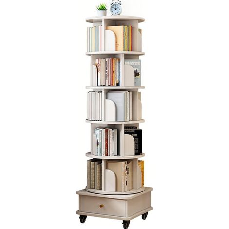 Bibliothèque rotative 360° avec roulettes et tiroir, meuble de rangement compact pour petits espaces, MDF blanc, de CHICFURN (1/5)