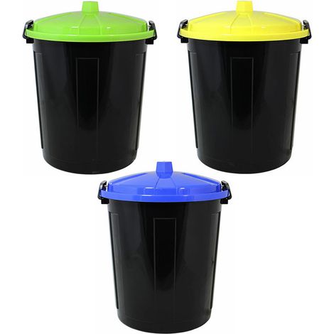 Set di 3 bidoni per la raccolta differenziata coperchio giallo blu verde casa pattumiere con chiusura antiodori e randagismo cucina terrazzo giardino (1/5)