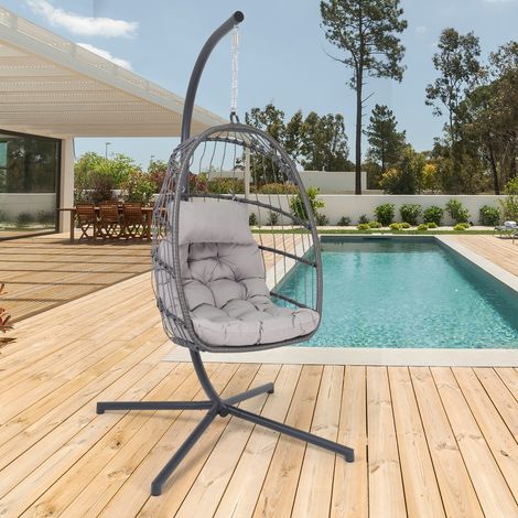 ECD Germany Hängesessel mit Gestell und Kissen, Grau, Rattan-Optik, wetterfest, Indoor/Outdoor, Stahl Hängesesselgestell, Hängestuhl Hängekorb Hängeschaukel Hängesitz für Garten/Balkon (1/5)