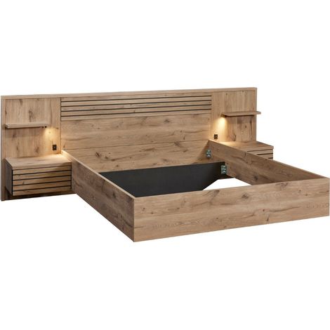 Lit 160x200cm avec tête de lit chevets suspendus et éclairage intégré aspect bois et noir - NIKITA