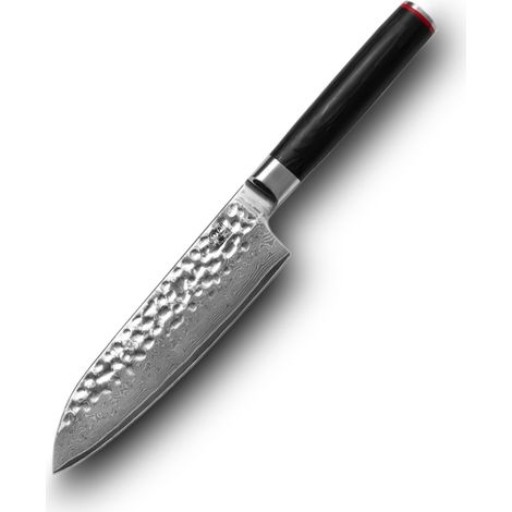 Cuchillo SANTOKU KOTAI de la colección "Pakka Damas" con hoja de 18cm en hoja deAcero de Damasco inoxidable de alto carbono AUS-10 con mango de madera Pakka y caja de bambú