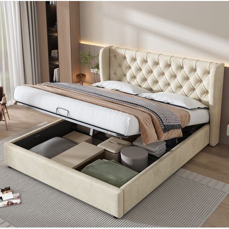 Bett Doppelbett Stauraum 180x200 Samt Beige OKMYHOME (1/5)