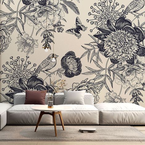 Papier peint panoramique - Fleurs Oiseaux - 130 cm x 87 cm (1/4)