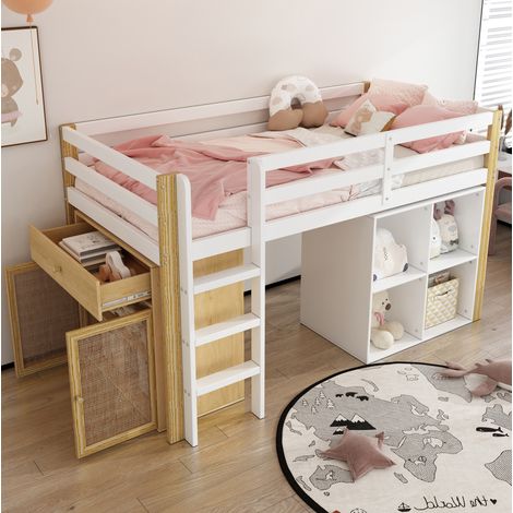 Lit mezzanine enfant 205x99,5x110 cm en bois et MDF naturel/blanc, rangement, sans matelas – MEUBLIV (1/5)