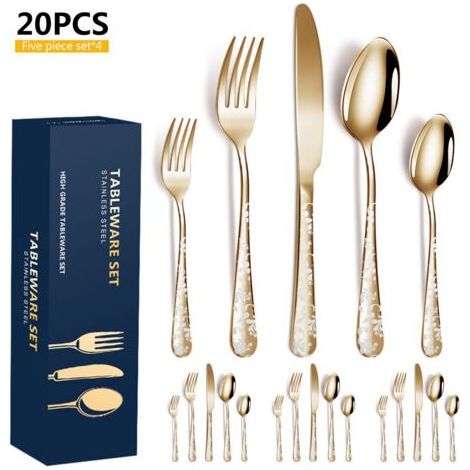 Pair Lot de 20 couverts en acier inoxydable poli avec miroir de fleurs comprenant couteau, fourchette, cuillères à café pour cuisine, restaurant, fête (doré) (1/5)