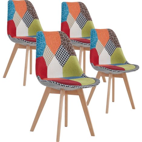 Wokaka Set di 4 sedie da pranzo in lino con gambe in faggio massiccio, design patchwork retrò multicolore, sedie imbottite (Rosso)