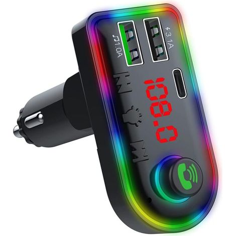 [NON UTILIZZATO] Trasmettitore FM Bluetooth 5.0 per auto – Ricarica rapida 3.1A – Adattatore per accendisigari con illuminazione ambientale a 7 colori