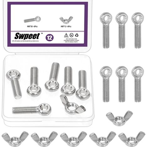 12Pcs M8 x 30mm 304 en acier inoxydable Épaule Swing Lifting Eye Boulon et M8 Kit d'assortiment d'écrous d'aile, Boulon de rigging Fisheye de fil métrique, Bouchon de dôme hexagonal (1/5)