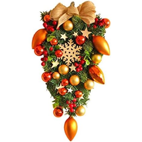 Couronne De Larme De Noël - Décoration Extérieure Suspendue - Pour Porte Mur Boîte Aux Lettres - 50 x 30 x 8 cm - Jaune - 1 Pièce (1/4)